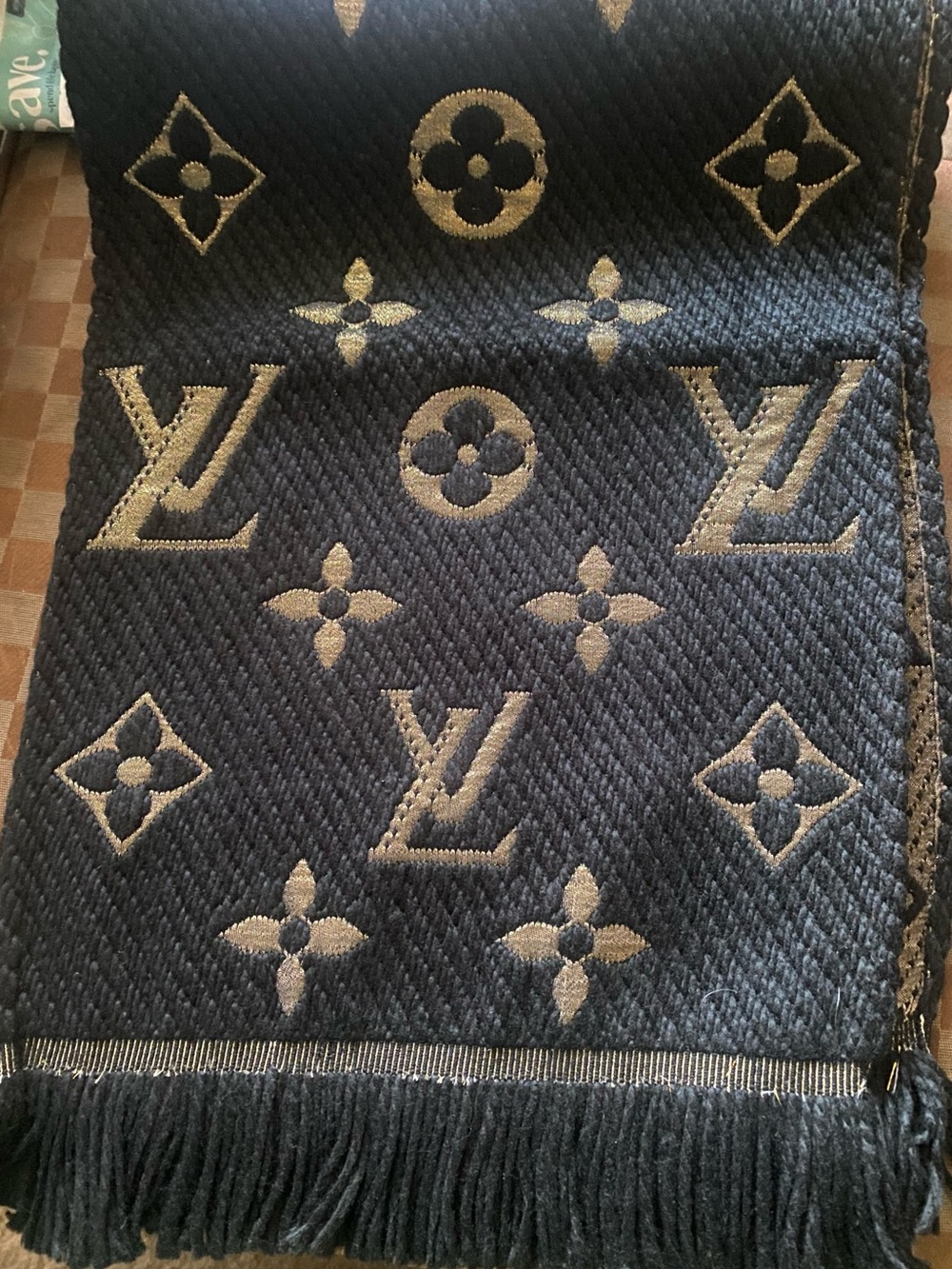 New Navy and Beige Monogram Wool Scarf